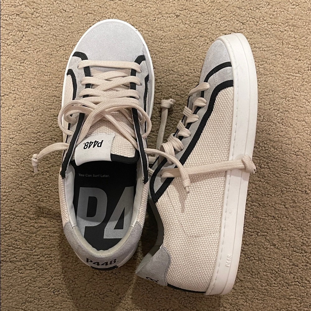 P448 Women’s Beige Canvas Low-Top Sneakers with Black Trim